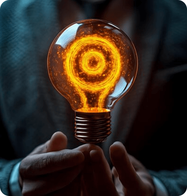 A pair of hands holding a glowing light bulb, representing research and innovation